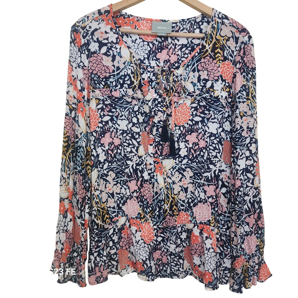 Maeve Blouse Women Large Multi Color Floral Boho Tassel Tie‎ V-Neck Peplum Top